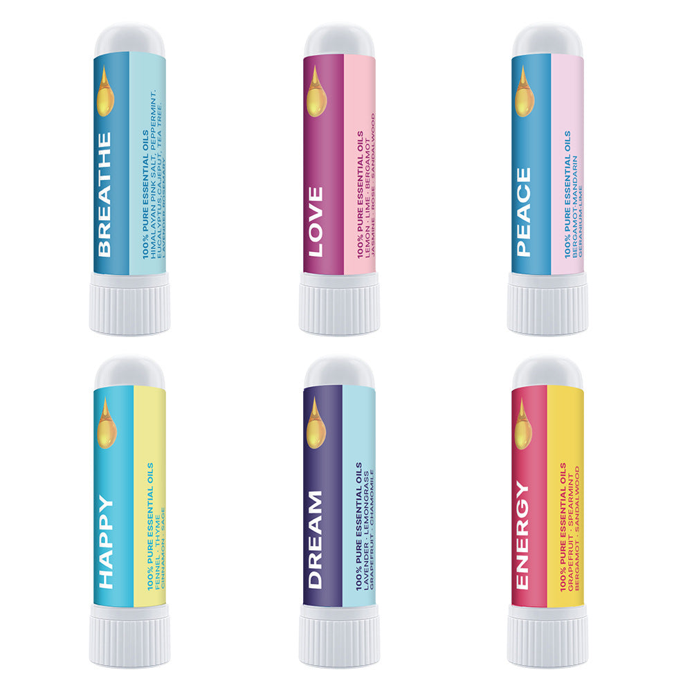 Six Nasal Inhaler Sticks For Sniffing To Boost Energy And Sharpen The Mind, labeled BREATHE, LOVE, PEACE, HAPPY, DREAM, and ENERGY with colorful bands and white caps, are arranged in two rows of three on a white background.