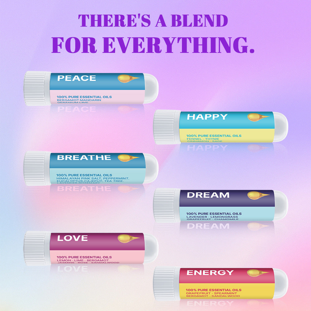 Six Nasal Inhaler Sticks For Sniffing To Boost Energy And Sharpen The Mind, labeled Peace, Happy, Breathe, Dream, Love, and Energy, are displayed on a pink-purple gradient. Each gently clears nasal passages for relief—there’s a blend for everything.