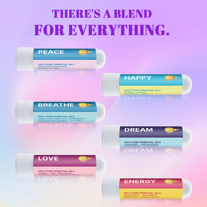 Six Nasal Inhaler Sticks For Sniffing To Boost Energy And Sharpen The Mind, labeled Peace, Happy, Breathe, Dream, Love, and Energy, are displayed on a pink-purple gradient. Each gently clears nasal passages for relief—there’s a blend for everything.