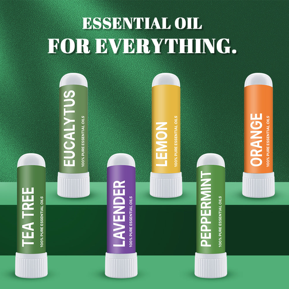 Six Nasal Inhaler Sticks For Sniffing To Boost Energy And Sharpen The Mind, labeled Tea Tree, Eucalyptus, Lavender, Lemon, Peppermint, and Orange, stand upright on a green background with "Essential Oil for Everything" above them.
