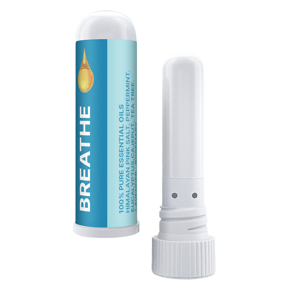 A cylindrical Nasal Inhaler Stick For Sniffing To Boost Energy And Sharpen The Mind with a blue and white label stands beside its white cap; contains peppermint, eucalyptus, and tea tree oils to clear nasal passages for easy breathing.
