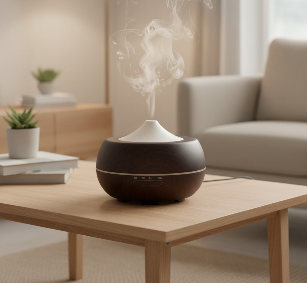 RelaxNow Airwood Diffuser in einem ruhig und entspannend wirkendem Zimmer auf einem Holztisch.